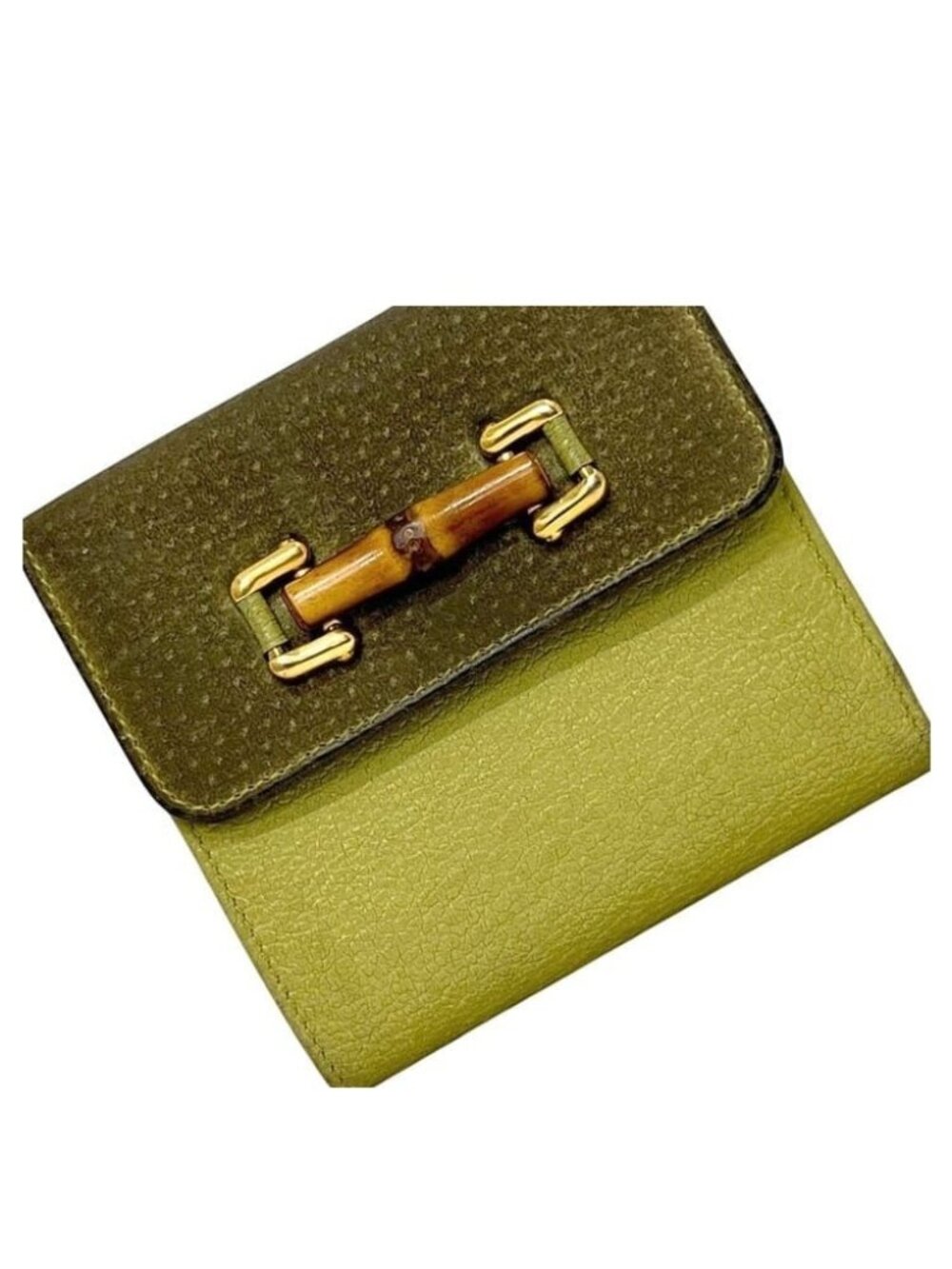 Gucci Trifold Wallet Bamboo 0 Leather Green Yellow Vintage